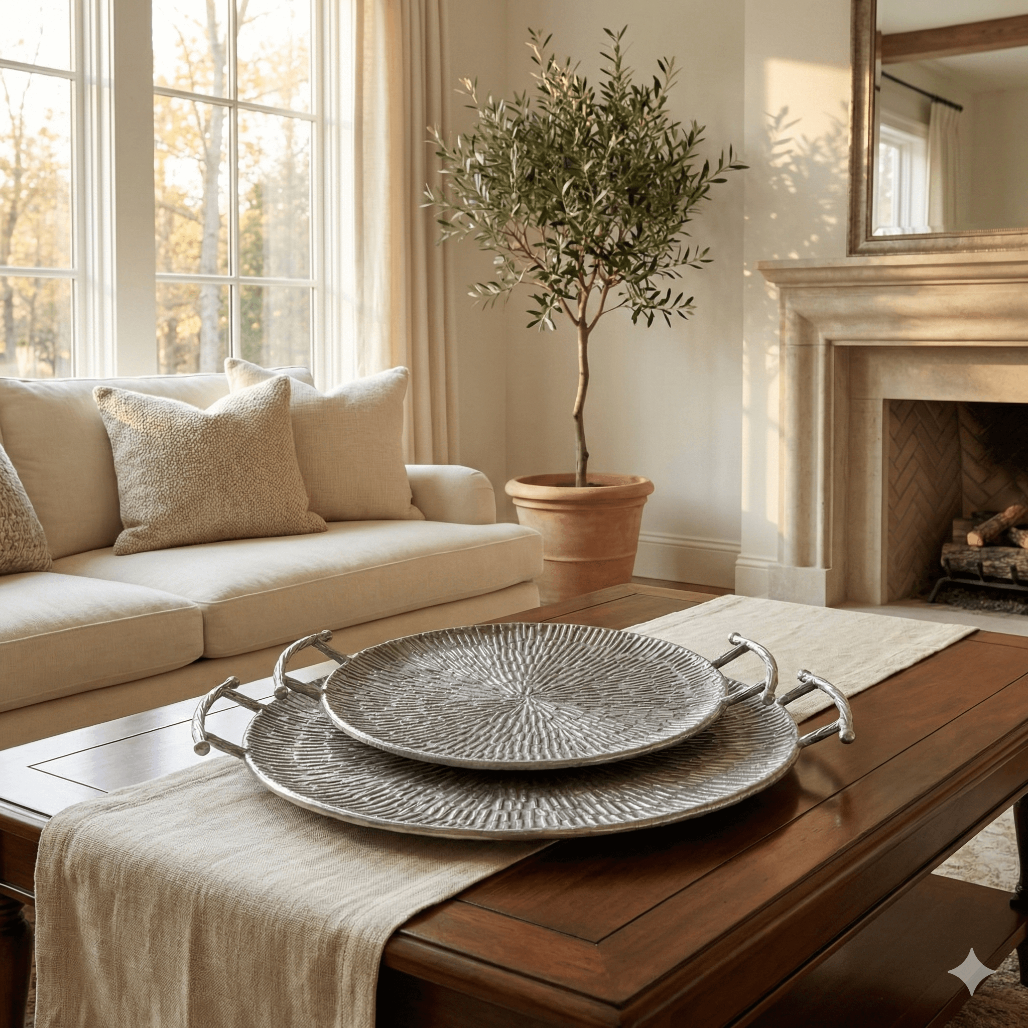 Textured Silver Metal Round Serving Trays - Set of 2