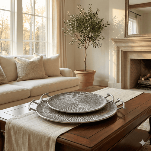 Textured Silver Metal Round Serving Trays - Set of 2