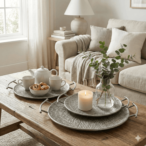 Textured Silver Metal Round Serving Trays - Set of 2