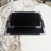 Black Glass Rectangular Serving Tray Set with Wood & Acrylic Elements
