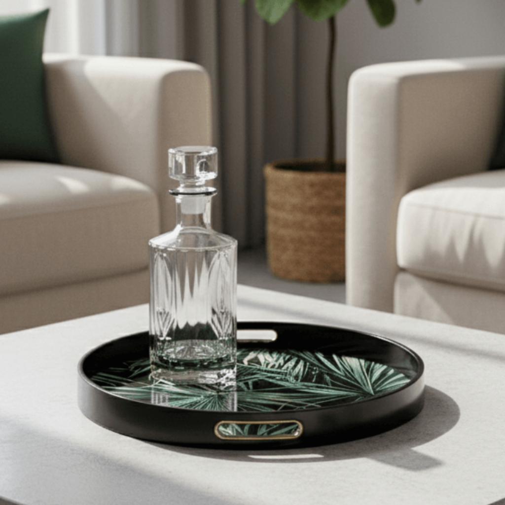 Tropical Leaf Glass Round Serving Tray