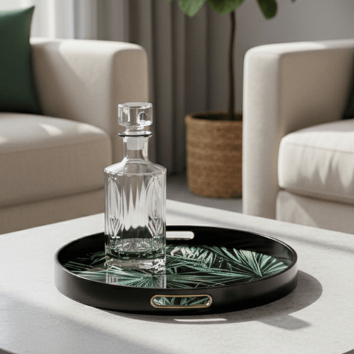 Tropical Leaf Glass Round Serving Tray