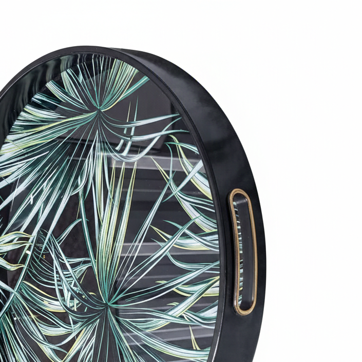 Tropical Leaf Glass Round Serving Tray