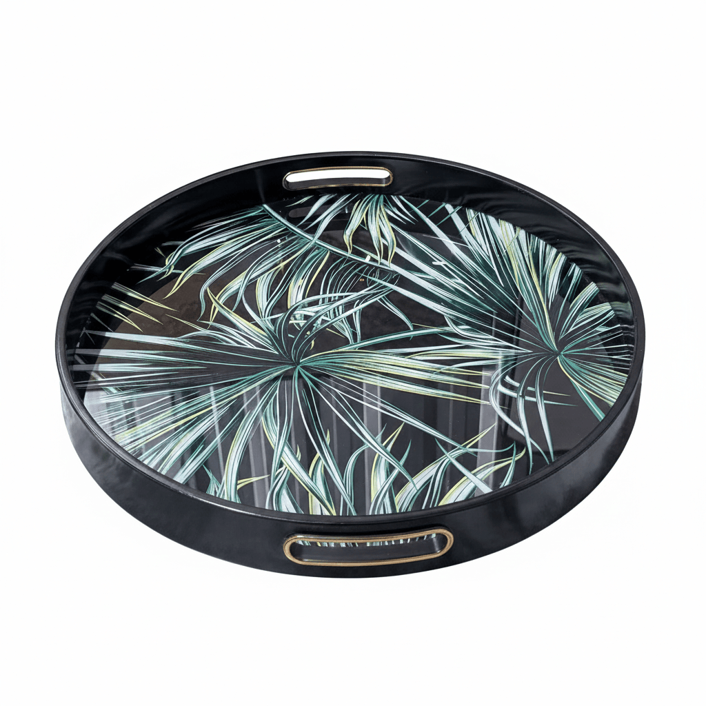 Tropical Leaf Glass Round Serving Tray