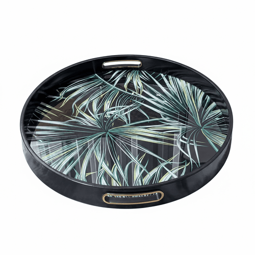 Tropical Leaf Glass Round Serving Tray