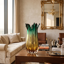 Artistic Emerald and Amber Ribbed Glass Vase