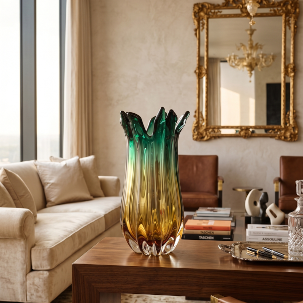Artistic Emerald and Amber Ribbed Glass Vase