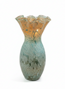 Murano Style Green and Gold Aventurine Tall Vase with ruffled rim, amber-gold neck, and mottled forest green body.