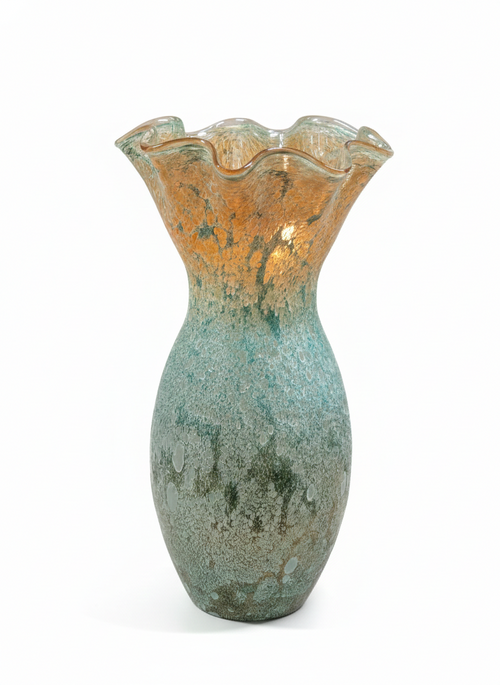 Murano Style Green and Gold Aventurine Tall Vase with ruffled rim, amber-gold neck, and mottled forest green body.