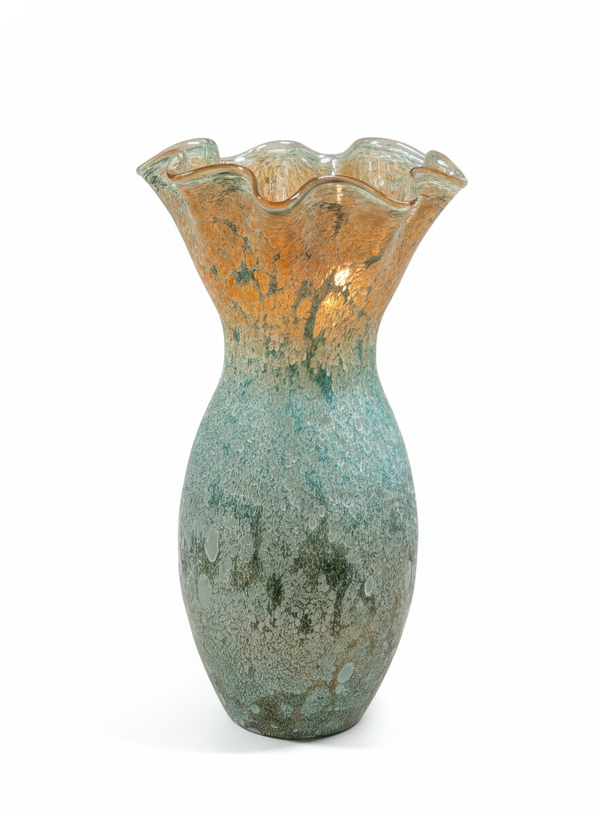 Murano Style Green and Gold Aventurine Tall Vase with ruffled rim, amber-gold neck, and mottled forest green body.