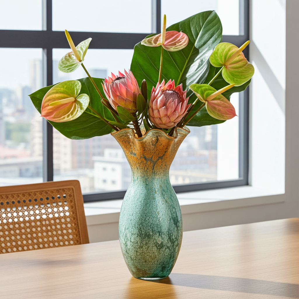 Murano Style Green and Gold Aventurine Tall Vase displayed with flowers on a table near a window