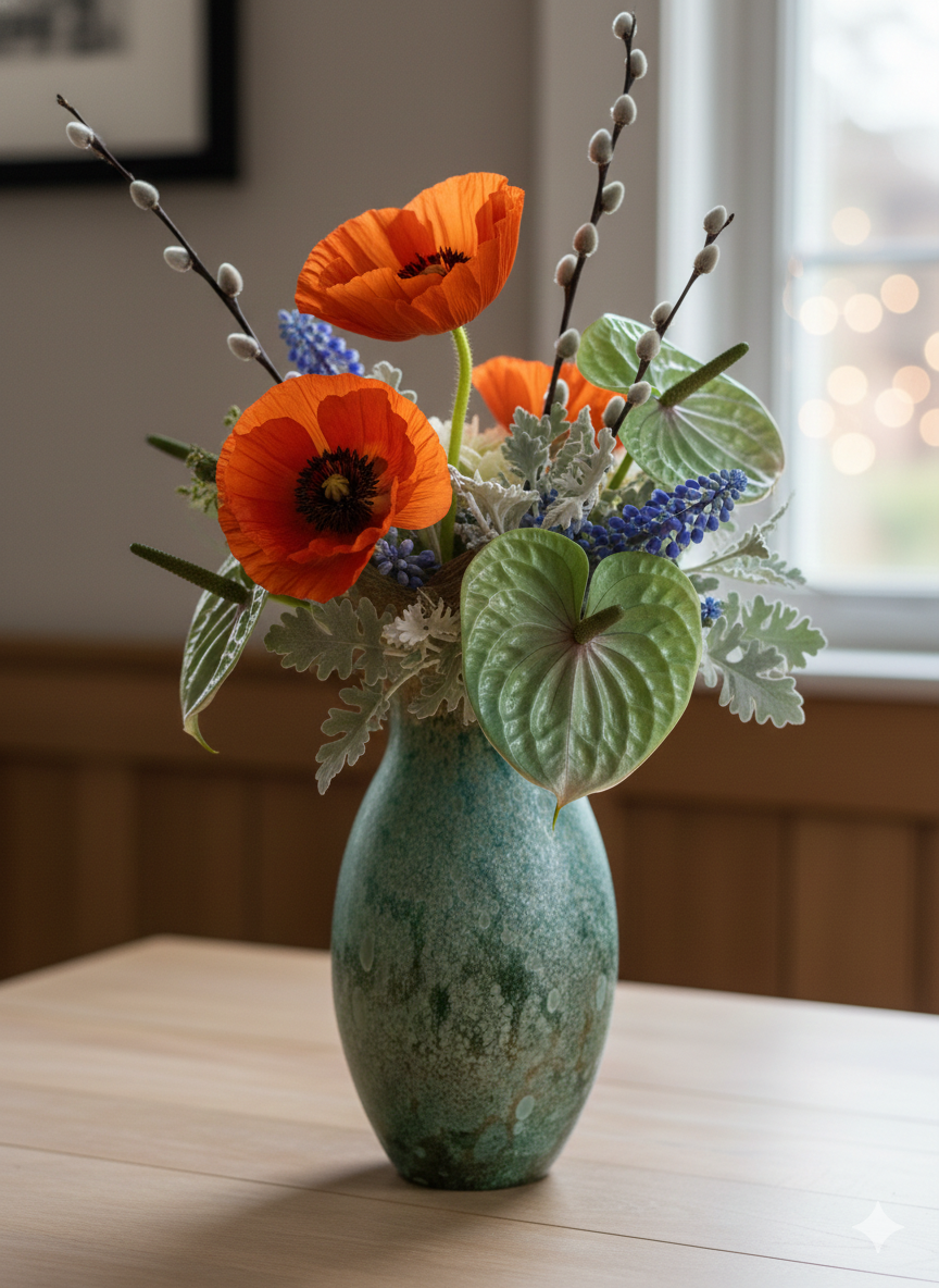 Green vase with orange and purple flowers arranged on a wooden table.