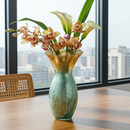 Murano Style Green and Gold Aventurine Tall Vase on wooden table with flowers inside, city skyline in background.