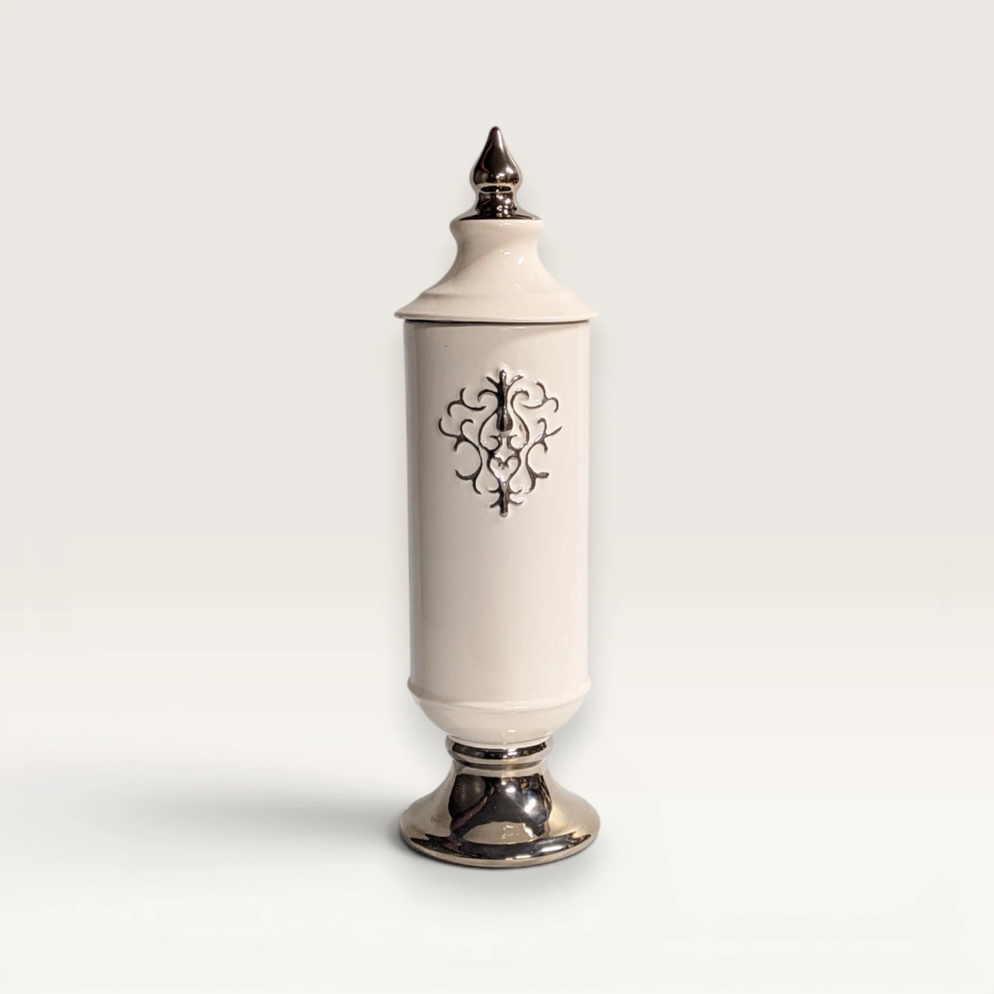 White and Silver Baroque Ceramic Temple Jar