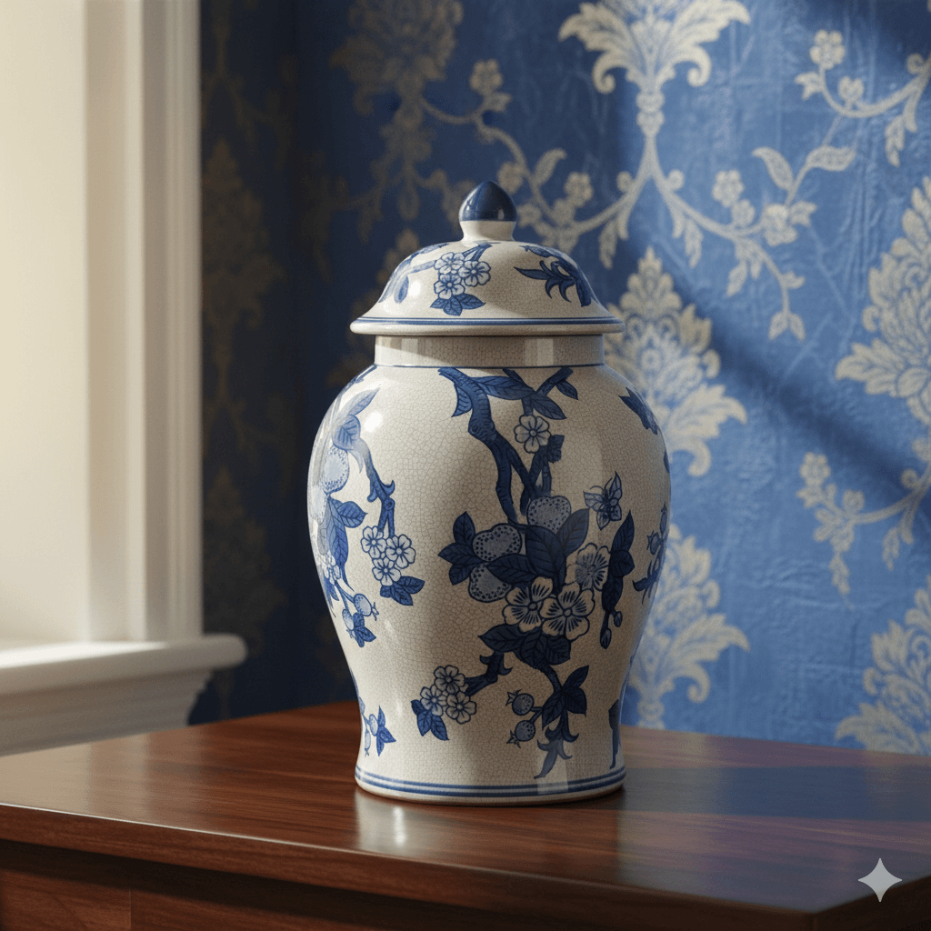 Vintage Blue White Blossom Motif Jar