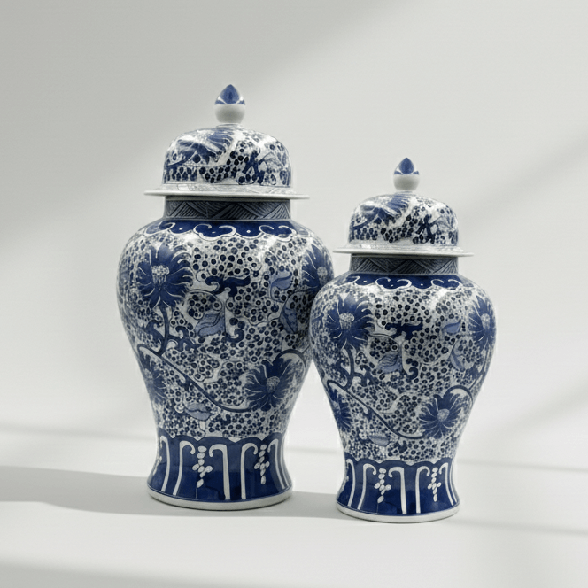 Vintage Blue & White Floral Ginger Jar Set