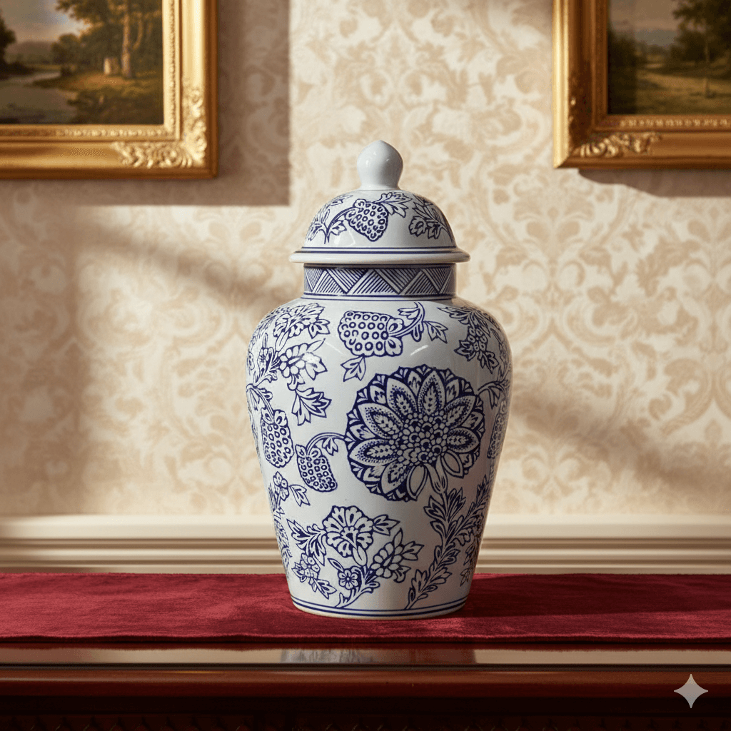 Vintage Blue White Floral Ginger Jar