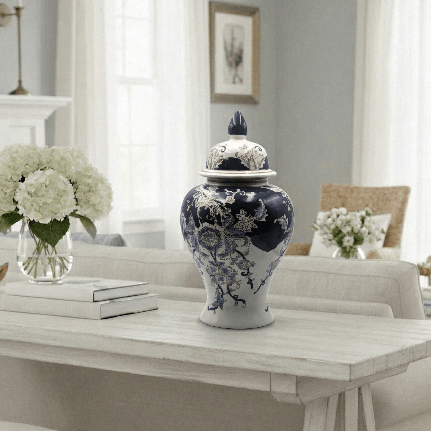 Vintage Blue White Porcelain Ginger Jar