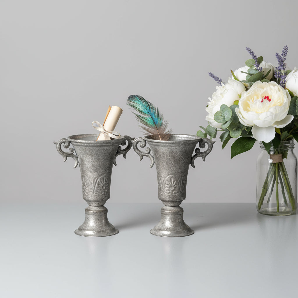Vintage Embossed Silver Vase Set of 2
