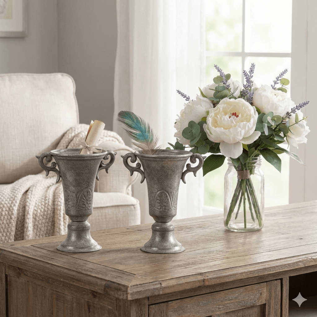 Vintage Embossed Silver Vase Set of 2