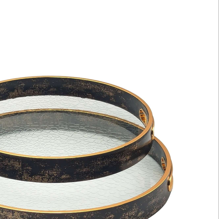 Vintage Gold & Wood Round Serving Trays