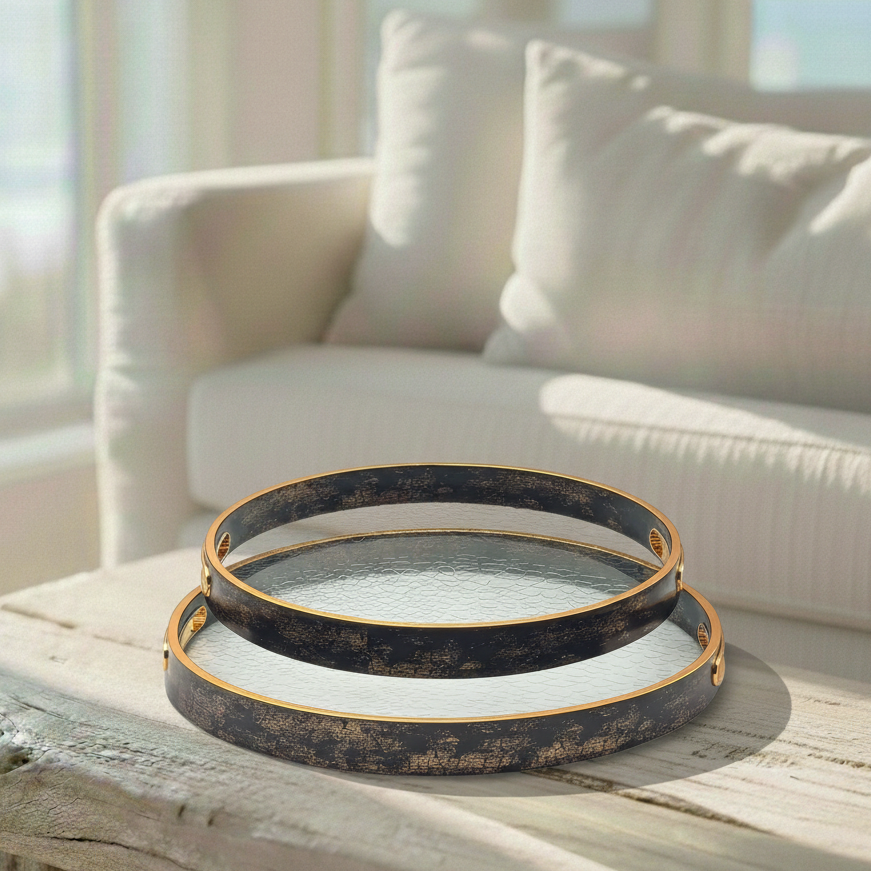 Vintage Gold & Wood Round Serving Trays