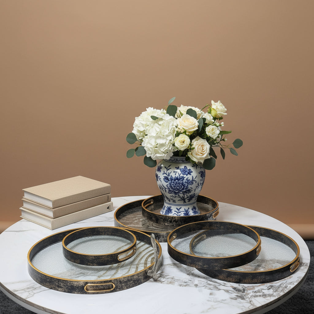 Vintage Gold & Wood Round Serving Trays
