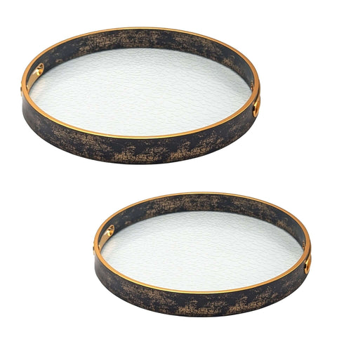 Vintage Gold & Wood Round Serving Trays
