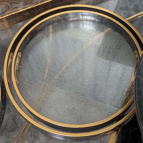 Vintage Gold & Wood Round Serving Trays