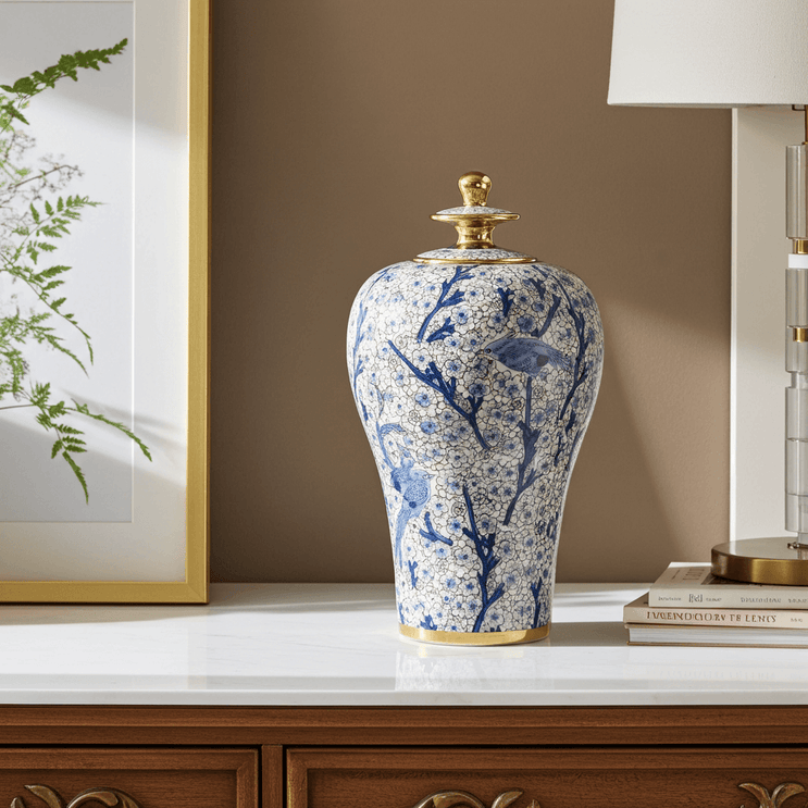 Vintage Hand-Painted Blue Bird Ginger Jar