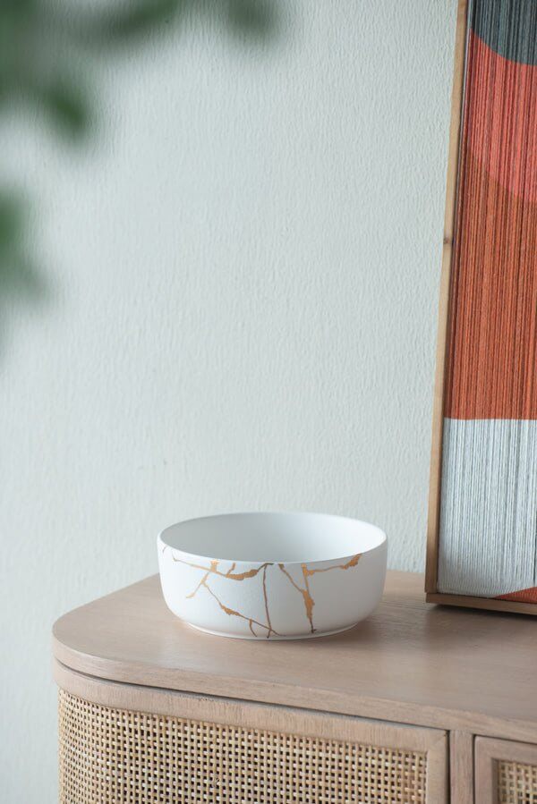 Wabi-Sabi Ceramic Round Bowl White/Gold