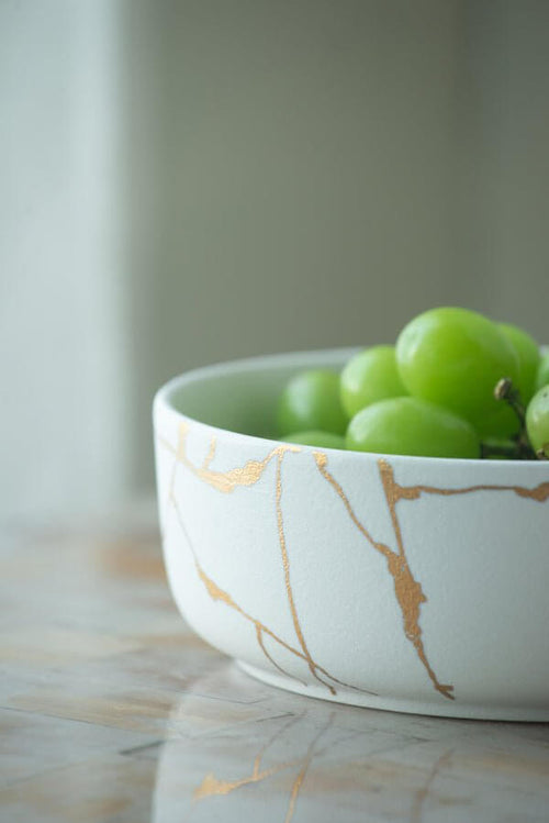 Wabi-Sabi Ceramic Round Bowl White/Gold