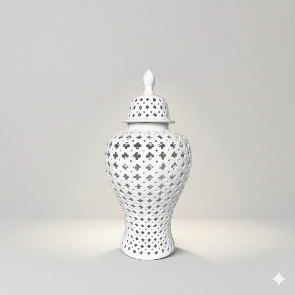 White Hamptons Lace Ceramic Temple Jar