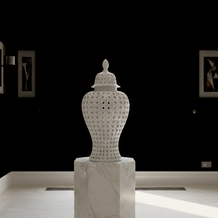 White Hamptons Lace Ceramic Temple Jar