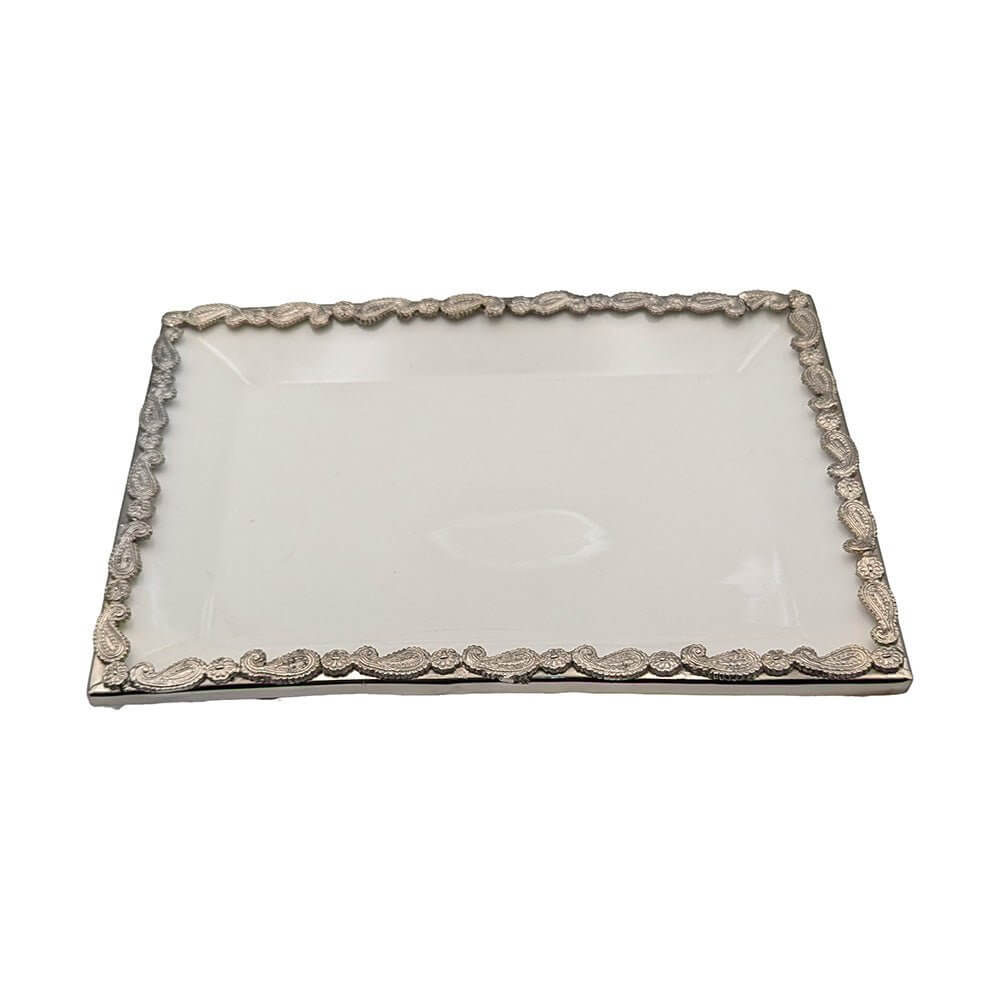 White Paisley Rectangular Ceramic Tray