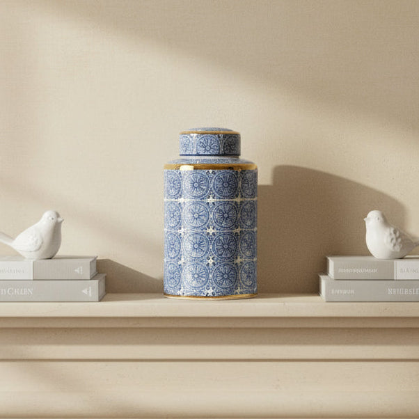 Willow Ceramic Blue Gold Accent Ginger Jar
