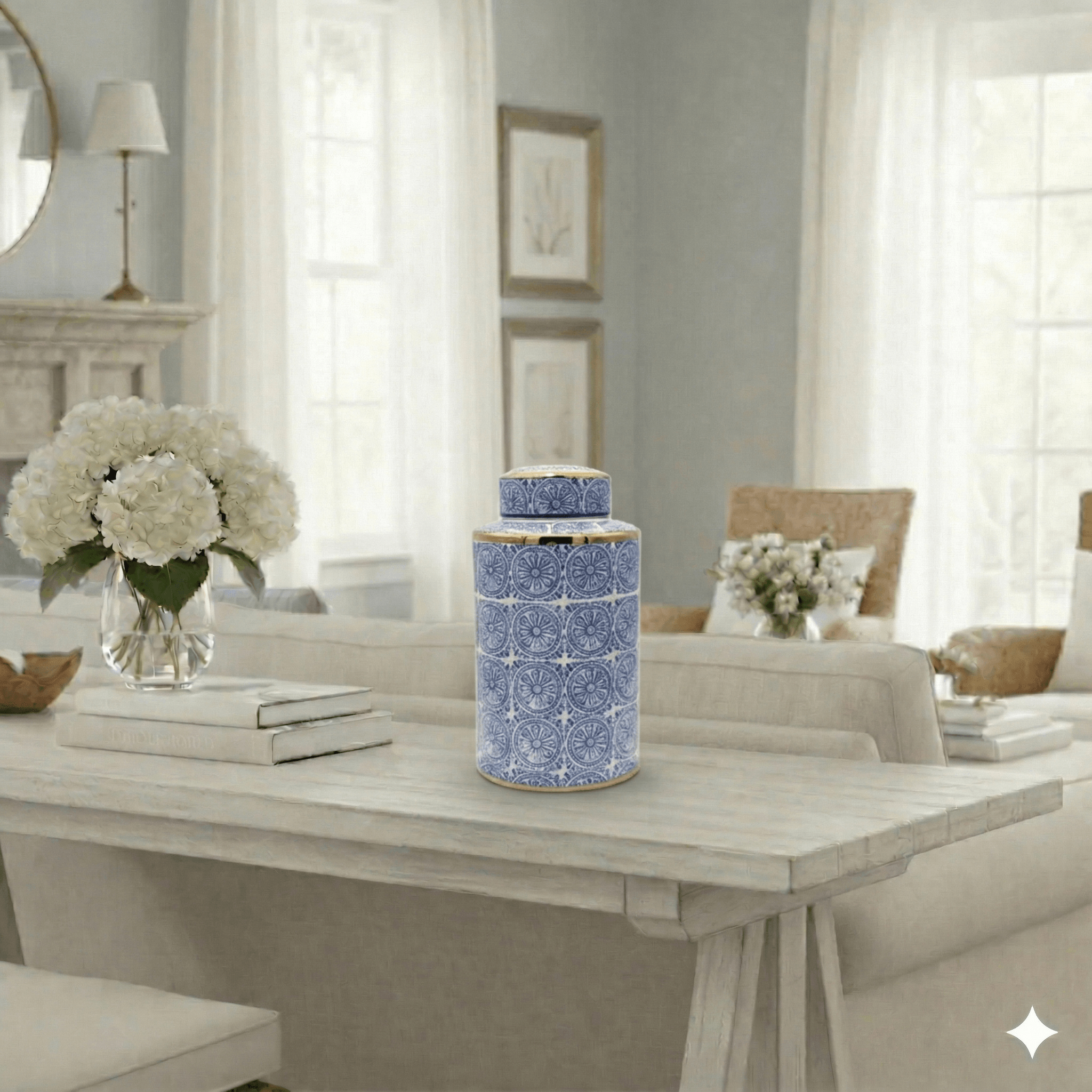 Willow Ceramic Blue Gold Accent Ginger Jar