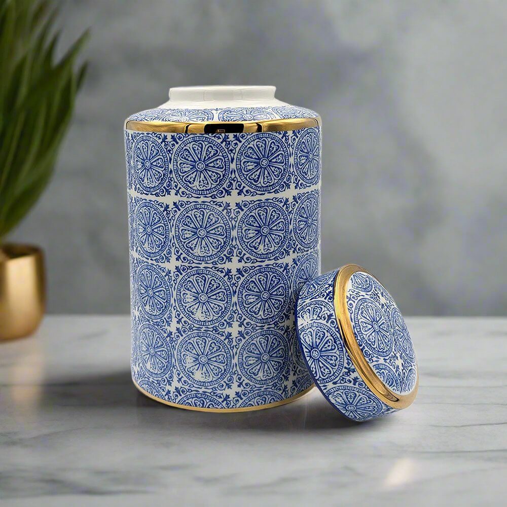 Willow Ceramic Blue Gold Accent Ginger Jar