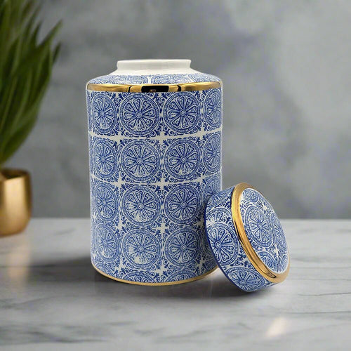 Willow Ceramic Blue Gold Accent Ginger Jar