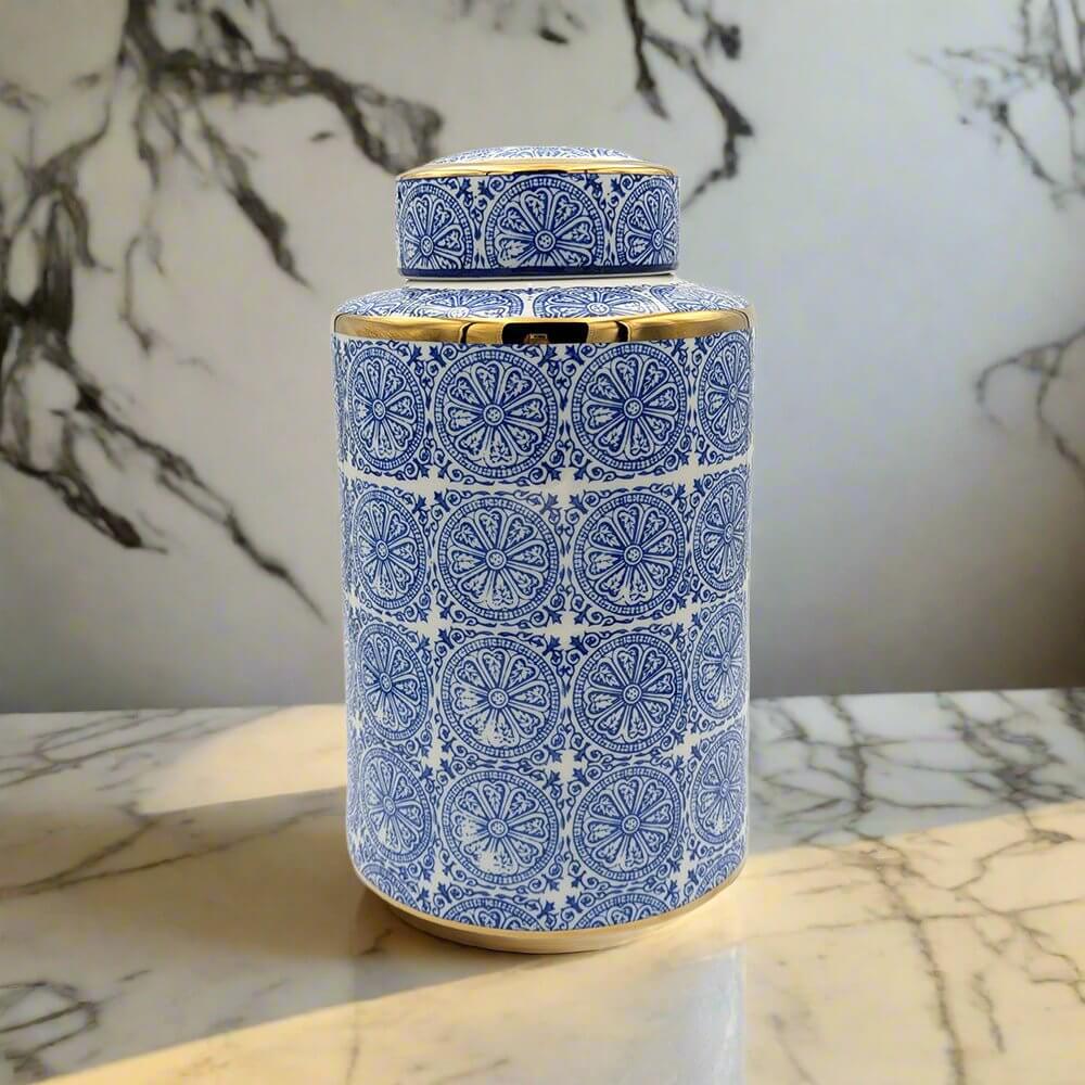 Willow Ceramic Blue Gold Accent Ginger Jar