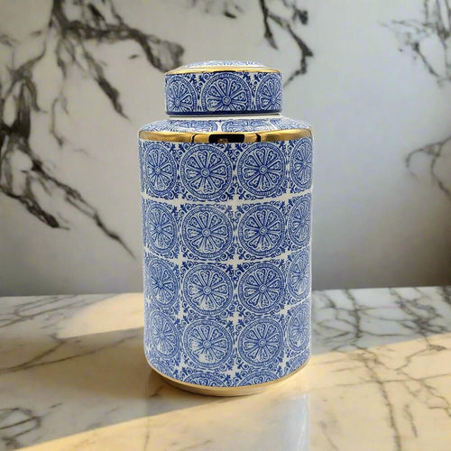Willow Ceramic Blue Gold Accent Ginger Jar