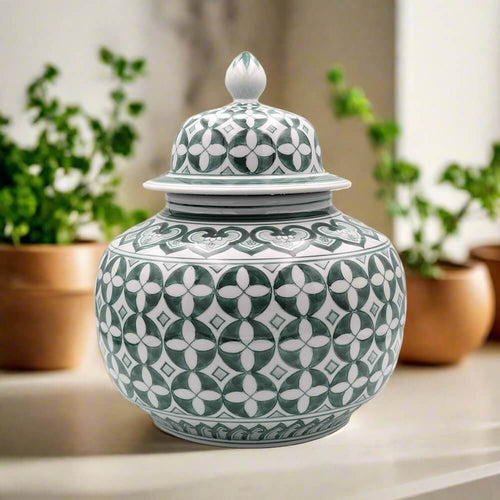Zara Hunter Green White Ceramic Temple Jar