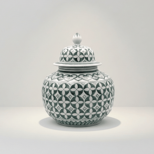 Zara Hunter Green White Ceramic Temple Jar