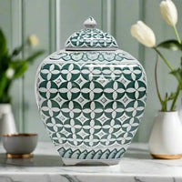 Zara Hunter Green White Ceramic Temple Jar