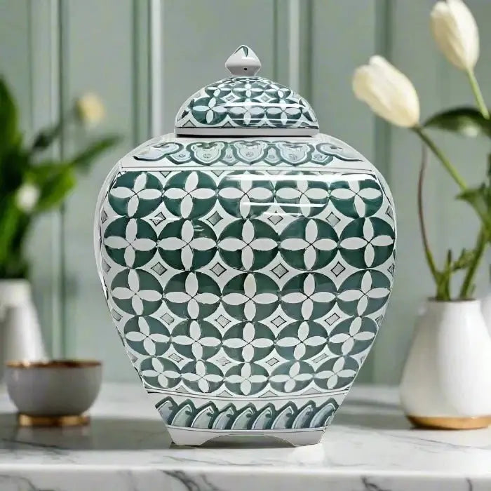 Zara Hunter Green White Ceramic Temple Jar
