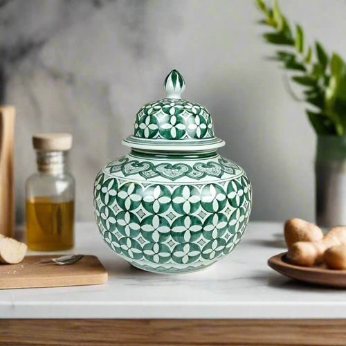Zara Hunter Green White Ceramic Temple Jar