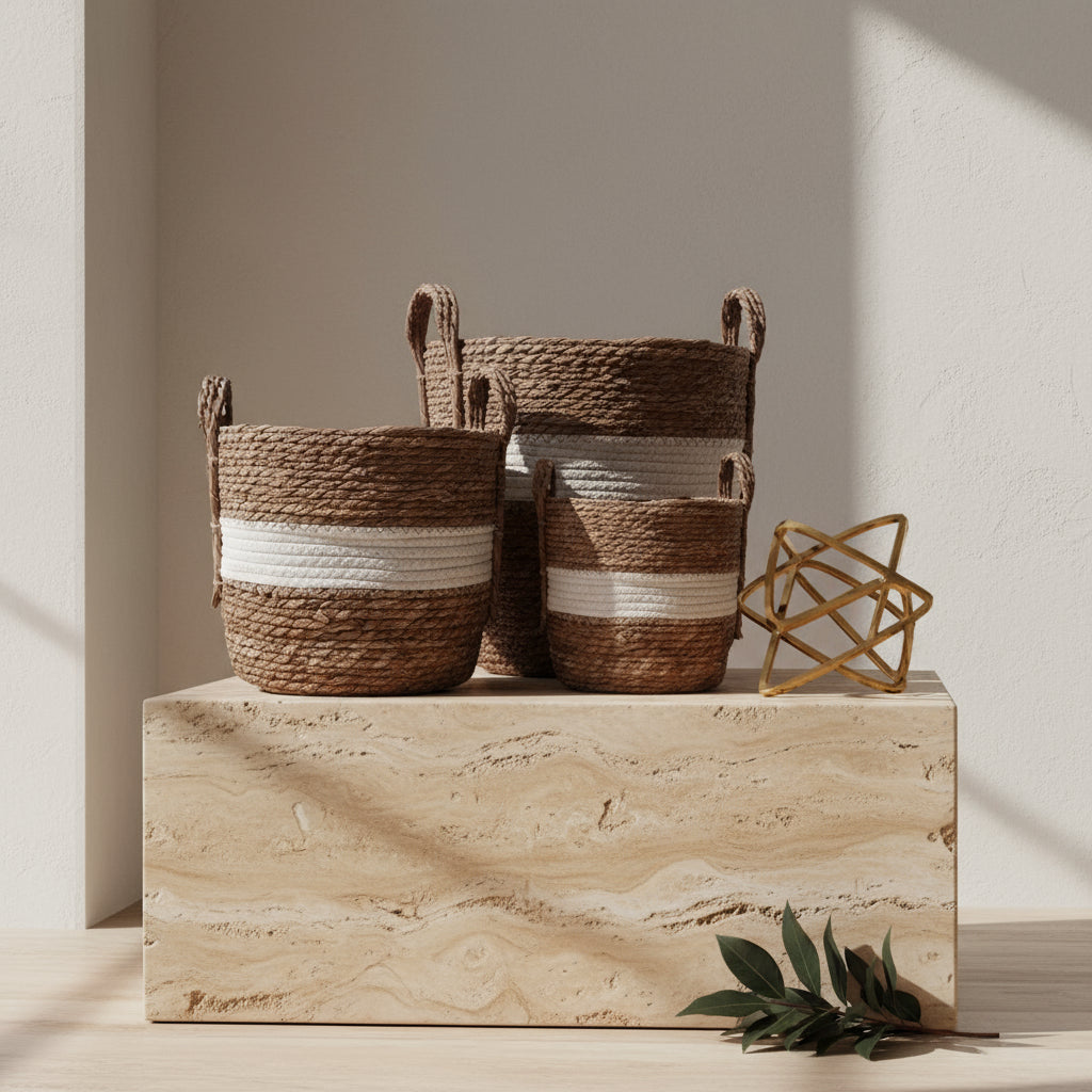 Andrew Striped Storage Hamper - White/Natural