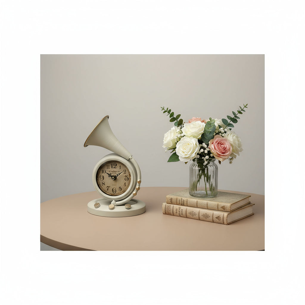 Vintage Trumpet Table Clock Creamy Finish