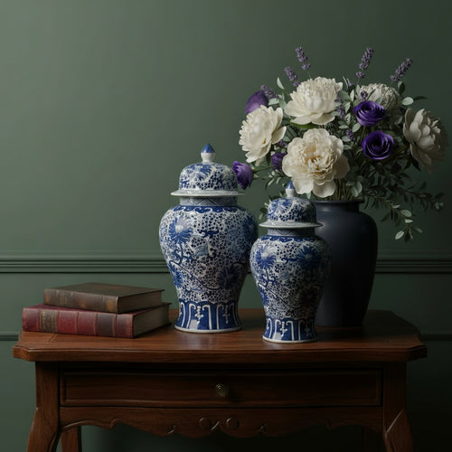 Antique Blue & White Temple Jar with Lid Set Luxury Co