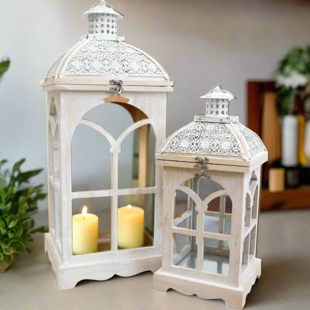 Arabesque Lanterns Set Elegant MDF Glass Metal White Champagne